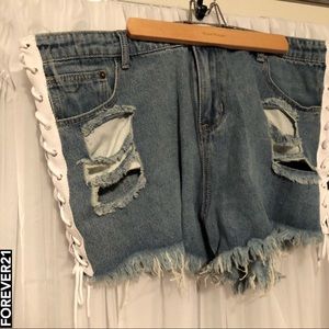 FOREVER21 LACE UP HIGH WAIST DISTRESSED SHORTS